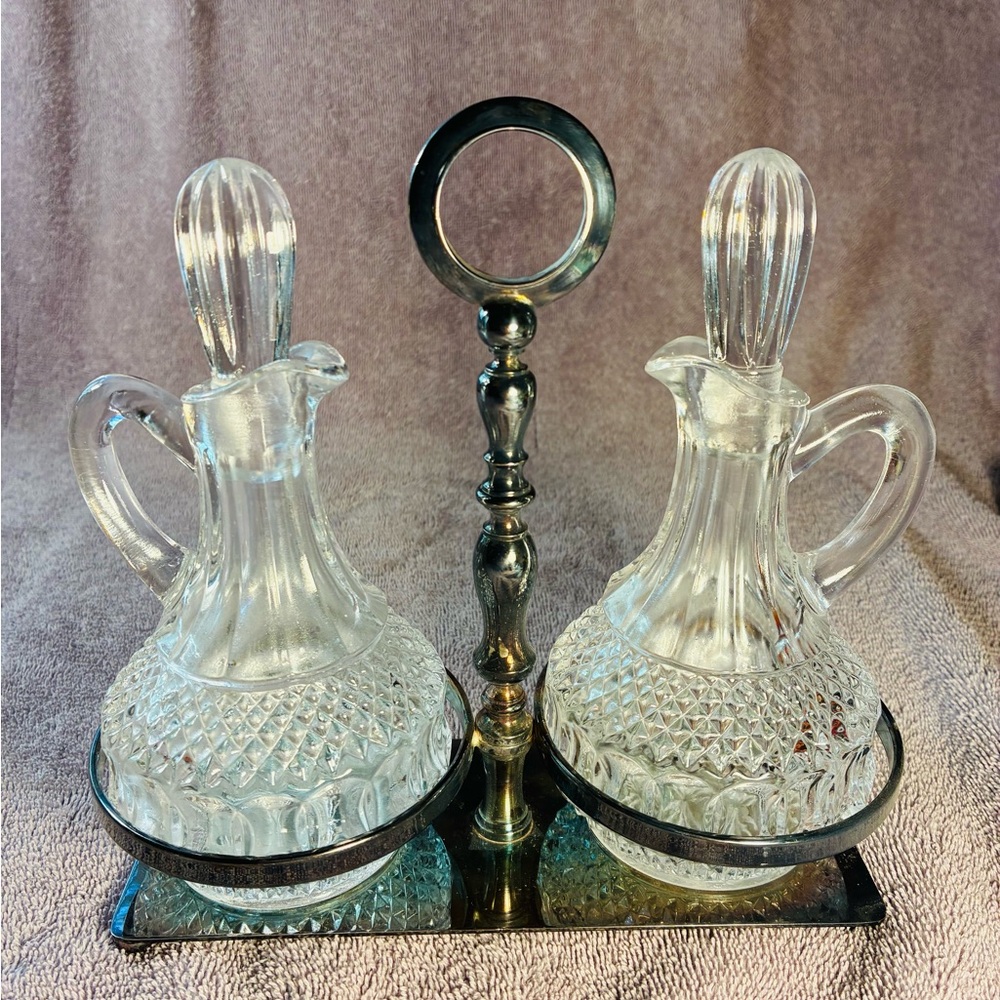 Elegant Vintage Glass Cruet Set with Silverplate Holder- Italy